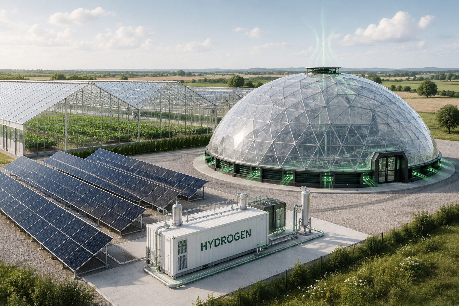 BlaqCat dome with on-site solar PV, hydrogen storage and greenhouse integration, illustrating behind-the-meter clean power