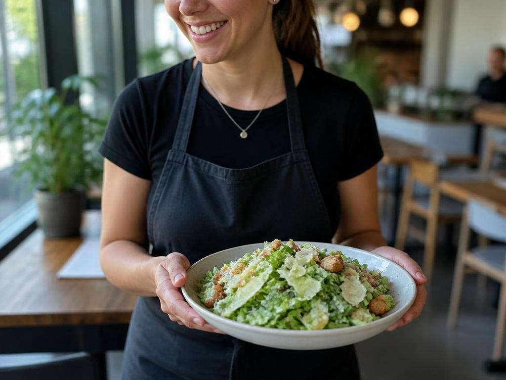 Waitress serving a fresh Caesar salad in a bright farm-to-table restaurant