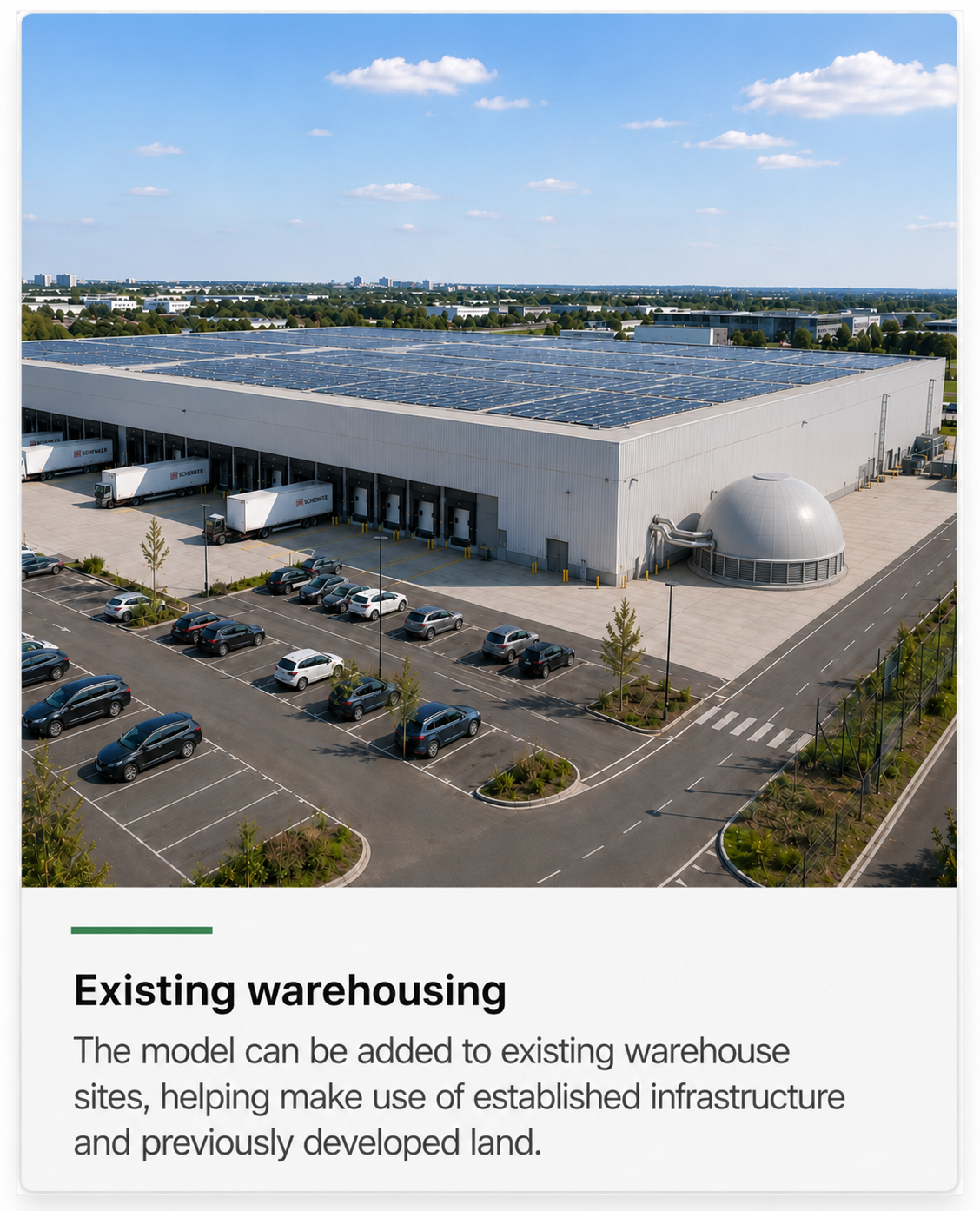 Existing warehouse retrofitted with a BlaqCat dome, rooftop solar and loading bays