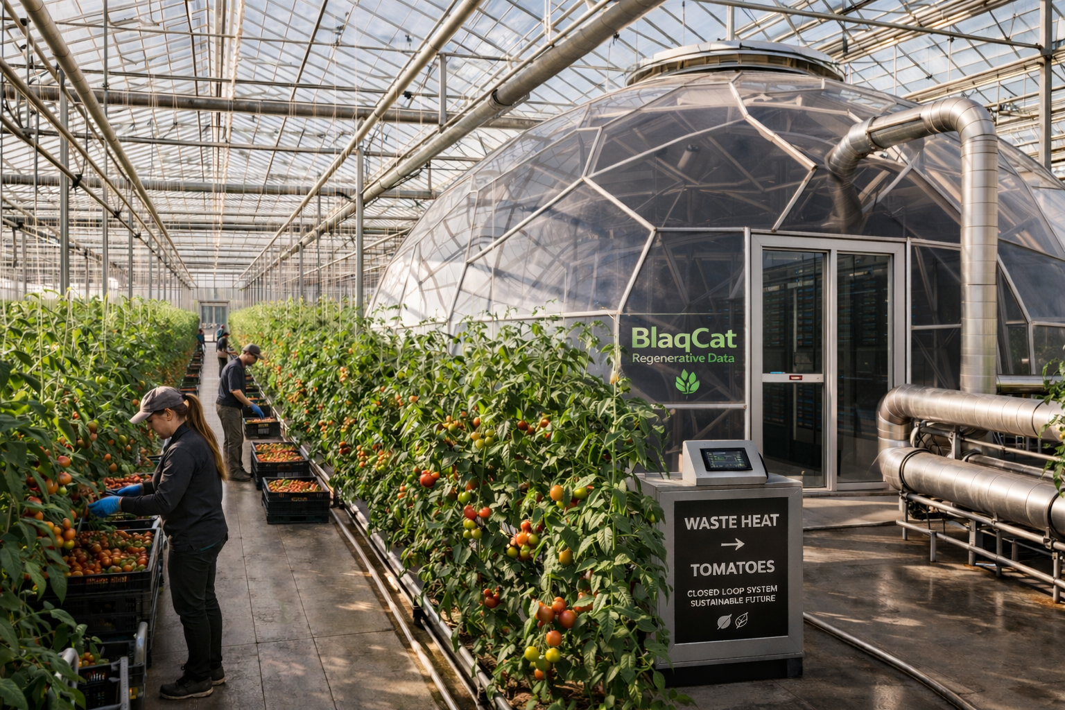 BlaqCat dome inside a working greenhouse, waste heat feeding tomato crops