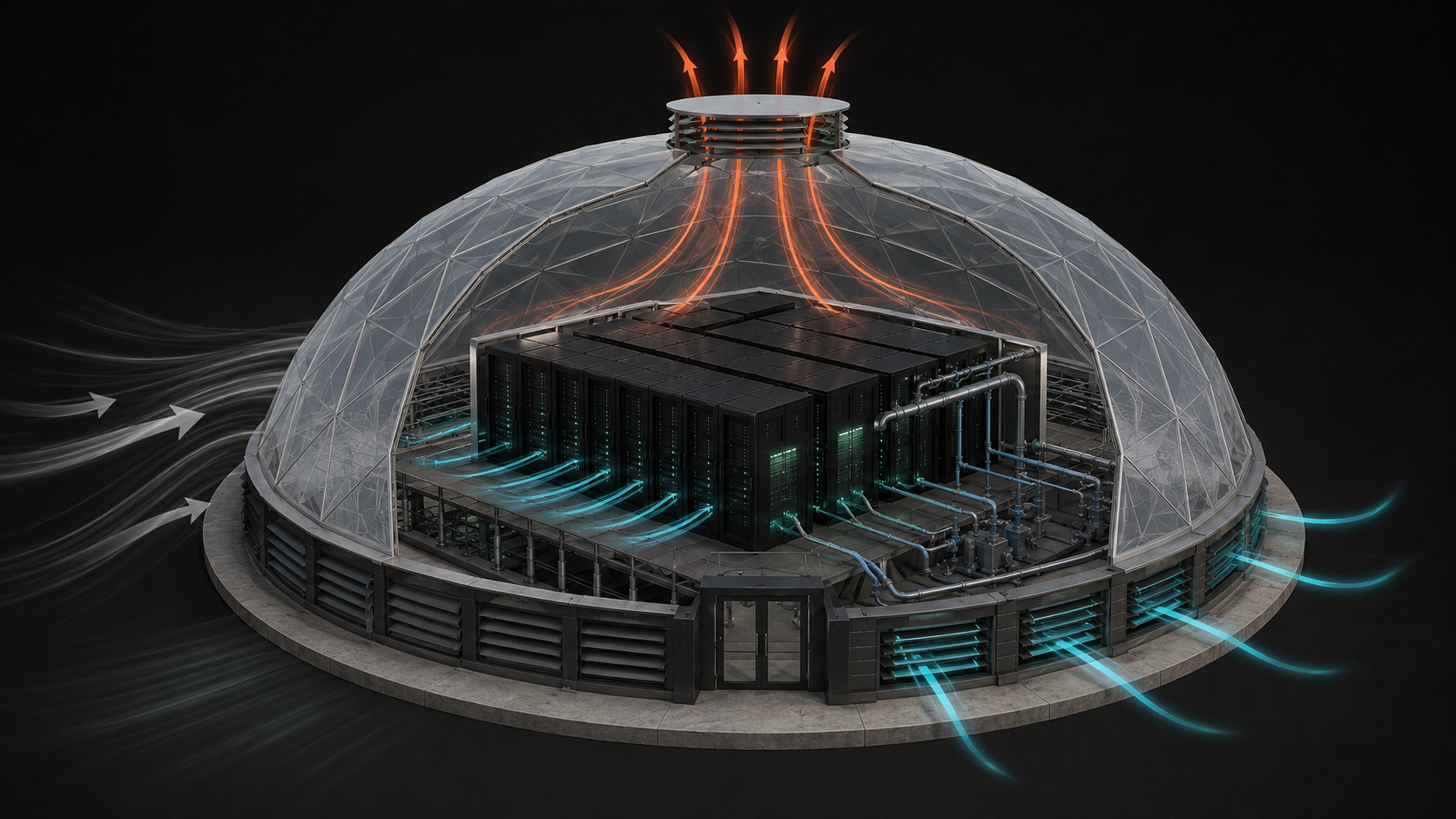 Cutaway render of the BlaqCat ETFE dome showing internal server pod, direct liquid cooling, passive airflow and waste heat extraction