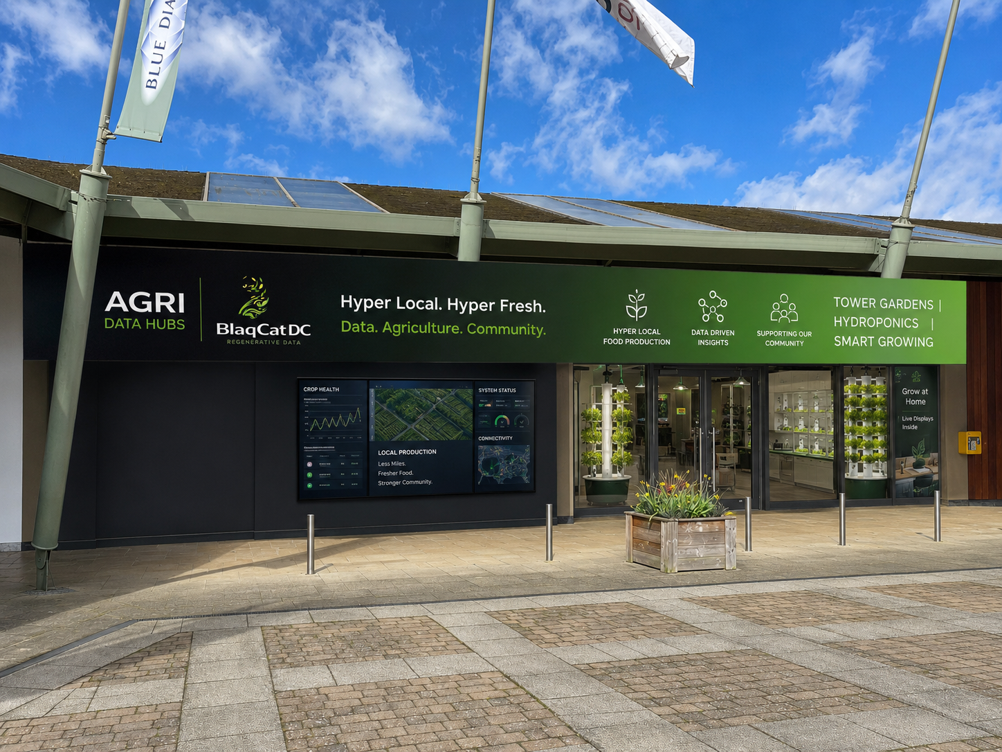 Agri Data Hub storefront — BlaqCat DC with hyper-local food production, tower gardens and hydroponics