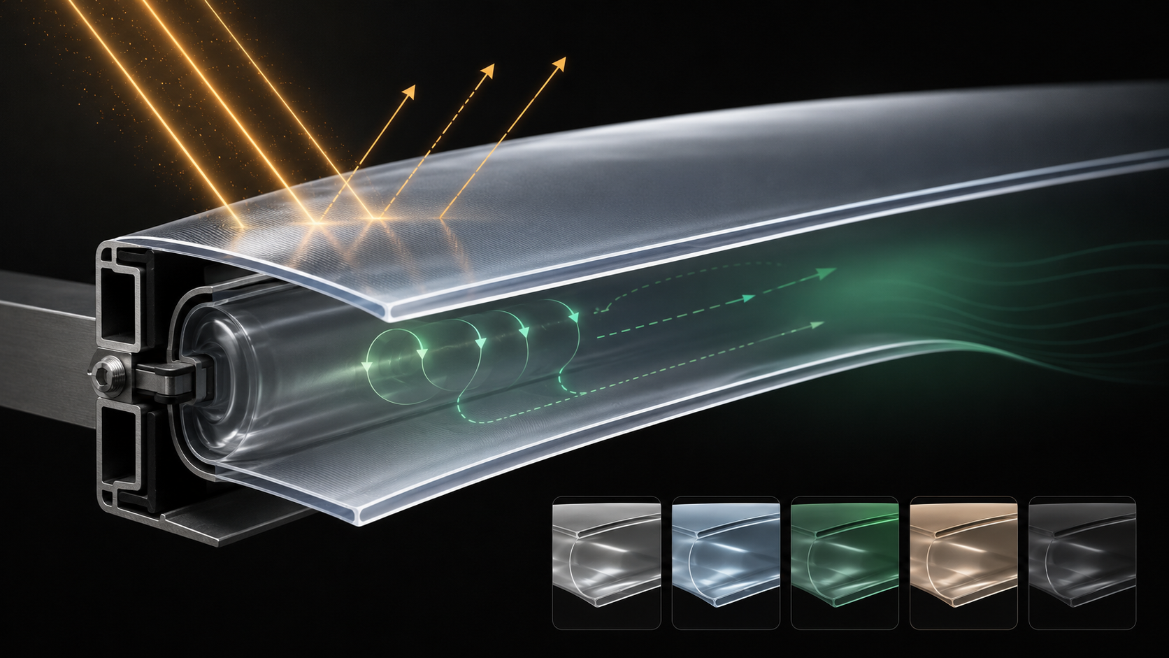 ETFE membrane cross-section showing light transmission, thermal performance and available tint options