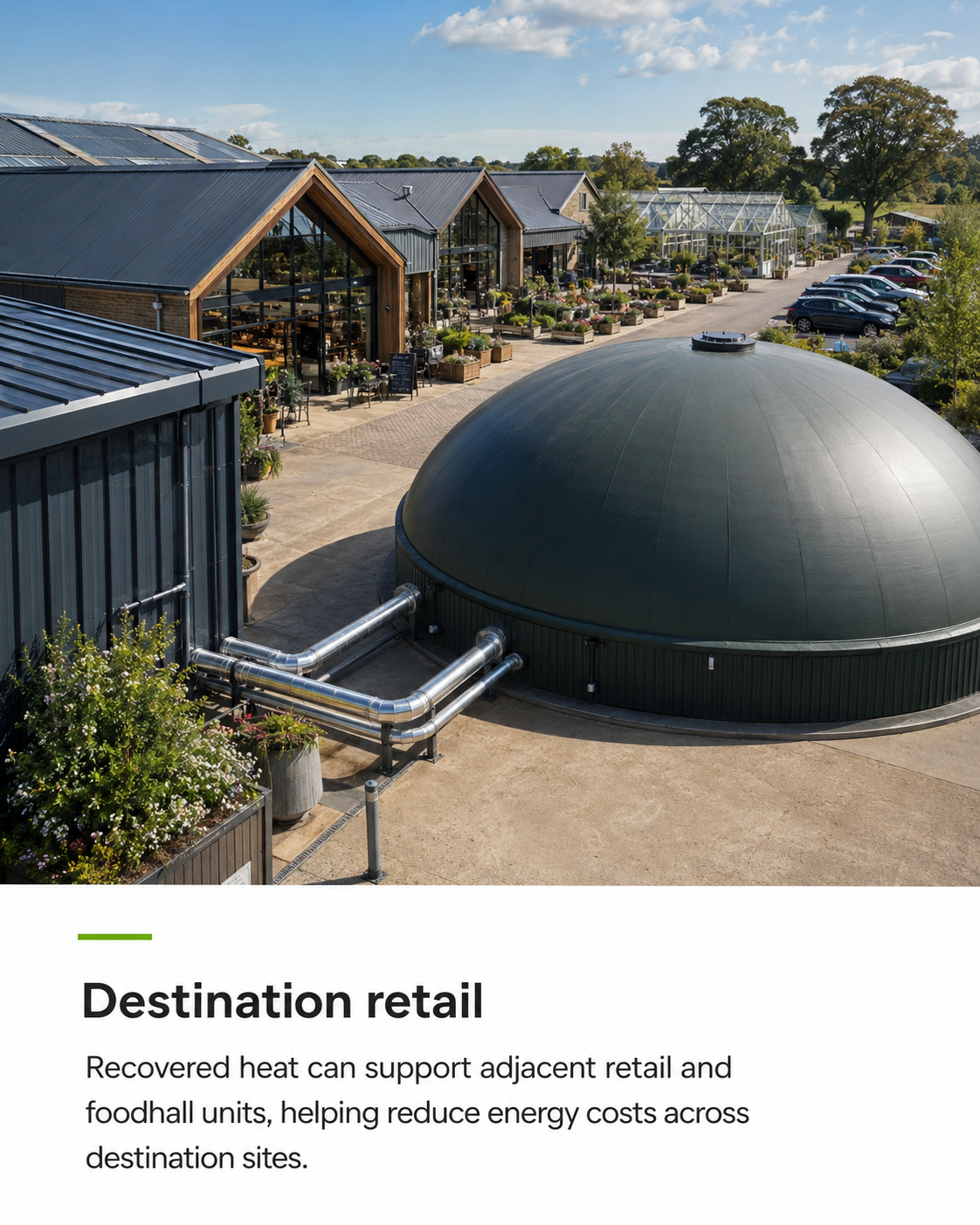 Destination retail — a BlaqCat dome piping recovered heat to adjacent foodhall and retail units