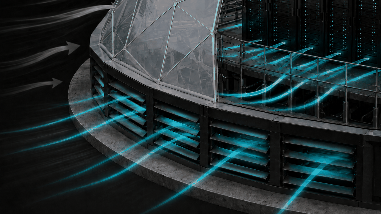 Animated cutaway of the BlaqCat dome's base louvers, showing cool air drawn in through variable louvers as internal airflow shifts