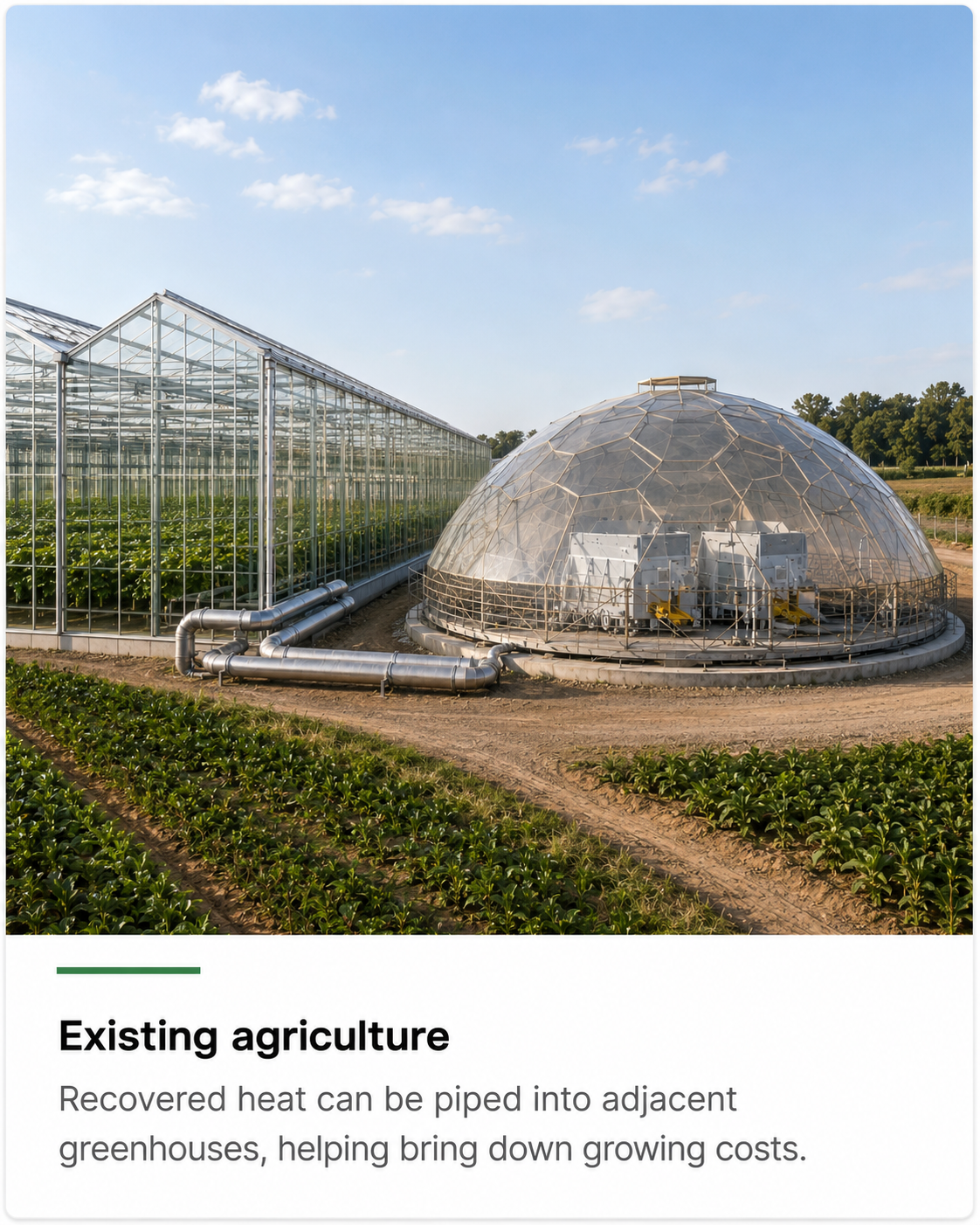 Greenhouse with recovered heat piped from an adjacent BlaqCat dome data centre