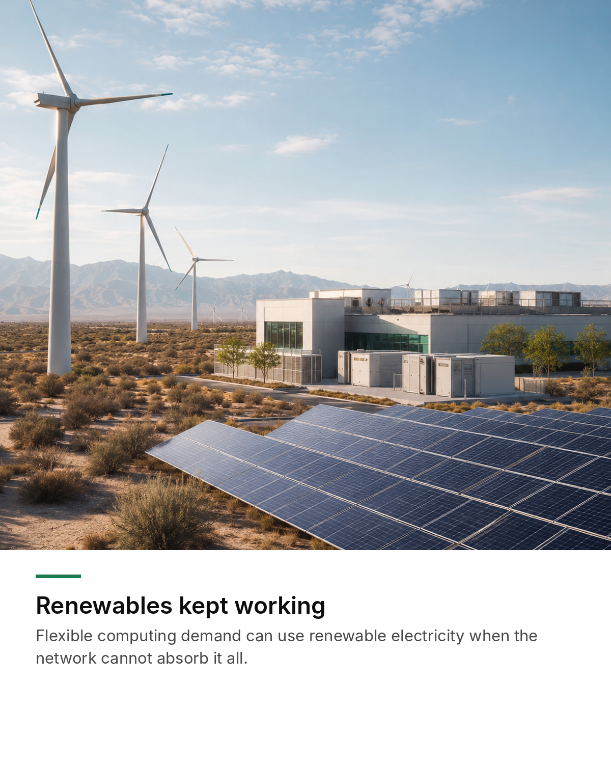 Renewables kept working — flexible computing demand absorbs renewable electricity.